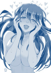 Rule 34 | 1girl, blue theme, blush, breast press, breasts, cleavage, commentary request, full-face blush, ge xi, hair between eyes, half-closed eyes, hands on own cheeks, hands on own face, hands up, highres, large breasts, long hair, looking at viewer, monochrome, motion lines, nude, original, qin xiang (ge xi), simple background, solo, sweat, trembling, upper body, white background