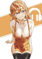 Rule 34 | 1girl, akiranakayama05, alternate breast size, apron, breasts, cleavage, cowboy shot, head tilt, highres, large breasts, love live!, love live! superstar!!, naked apron, orange hair, purple eyes, shibuya kanon, simple background, smile, solo, tagme, thighhighs