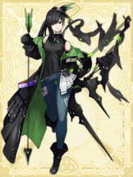Rule 34 | 1girl, arrow (projectile), bird, black eyes, black gloves, black hair, black shirt, blue pants, bow (weapon), breasts, chain paradox, coat, compound bow, feather hair ornament, feathers, gloves, green coat, hair ornament, highres, holding, holding arrow, long hair, pants, ponytail, red cat hood, shiromizu hotaru, shirt, small breasts, standing, standing on one leg, weapon, yellow background