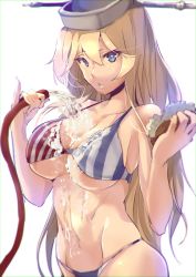 Rule 34 | 10s, 1girl, absurdres, american flag bikini, american flag print, armadillo-tokage, bad id, bad twitter id, bikini, blonde hair, blue eyes, breasts, chromatic aberration, cleavage, flag print, headgear, highres, hose, iowa (kancolle), kantai collection, large breasts, long hair, looking at viewer, navel, parted lips, print bikini, scrub, simple background, solo, star-shaped pupils, star (symbol), swimsuit, symbol-shaped pupils, water, white background