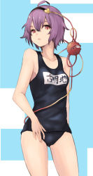 Rule 34 | 1girl, ahoge, bad id, bad pixiv id, breasts, collarbone, cowboy shot, eyeball, hair between eyes, hairband, heart, heart of string, highres, komeiji satori, koretsuki aduma, looking at viewer, name tag, old school swimsuit, one-piece swimsuit, parted lips, purple hair, red eyes, school swimsuit, short hair, small breasts, solo, swimsuit, third eye, touhou