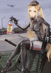 Rule 34 | 1girl, a-545 (girls&#039; frontline), a-545, aircraft, alcohol, aqua eyes, assault rifle, belt, beret, black footwear, black gloves, blonde hair, bodysuit, boots, bottle, braid, breasts, closed mouth, full body, girls&#039; frontline, gloves, grey bodysuit, griffin &amp; kryuger, grifon &amp; kryuger, gun, hair ornament, hairclip, hat, helicopter, high heel boots, high heels, highres, holding, holding bottle, holding gun, holding weapon, knee boots, lithographica, long hair, looking at viewer, medium breasts, military, military vehicle, revision, rifle, simple background, sitting, smile, solo, stolichnaya (vodka), twintails, vodka, weapon