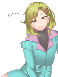 Rule 34 | 1other, antenna hair, aqua coat, artist name, blonde hair, chokoin, coat, fingerless gloves, gloves, gnosia, hair ornament, hairclip, long hair, looking at viewer, red eyes, setsu (gnosia), short hair, simple background, solo, translation request, turtleneck, white background