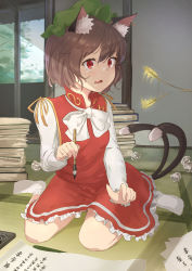 Rule 34 | 1girl, animal ears, bare legs, blush, brown hair, cat day, cat ears, cat girl, cat tail, cat teaser, chen, day, dress, drooling, full body, green hat, hat, highres, indoors, looking to the side, multiple tails, on ground, red dress, red eyes, shirt, short hair, sitting, solo, tail, takeyoshi (albizia), tatami, touhou, two tails, white shirt, writing