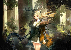 Rule 34 | 1girl, absurdres, antlers, arms at sides, breasts, brown coat, brown eyes, bush, chancer 2t308, coat, collared dress, commentary, cowboy shot, dress, echocalypse, forest, fur-trimmed coat, fur trim, green hair, green ribbon, green skirt, hair between eyes, hair ornament, high-waist skirt, highres, holding, holding staff, horns, long hair, long sleeves, looking at viewer, nature, open mouth, outdoors, ribbon, skirt, small breasts, solo, staff, sui (echocalypse), tree, white dress
