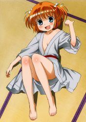 Rule 34 | 1girl, :d, absurdres, arm up, bare shoulders, barefoot, blue eyes, blush, body blush, bow, censored, convenient censoring, convenient leg, fang, feet, flat chest, from above, hair bow, highres, indoors, japanese clothes, kataoka yuuki, kimono, legs, looking at viewer, lying, megami magazine, multiple girls, no bra, off shoulder, official art, on back, on floor, open clothes, open mouth, orange hair, saki (manga), sash, scan, shadow, smile, solo, tatami, toes, two side up, yukata