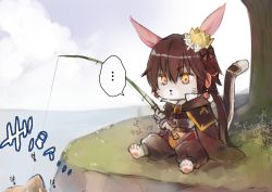 Rule 34 | ..., 1boy, :&lt;, absurdres, barefoot, brown capelet, brown eyes, brown hair, brown pants, brown shirt, capelet, cat boy, closed mouth, cloud, commentary request, crown, day, expressionless, fishing, fishing rod, full body, furry, furry male, hair between eyes, highres, horizon, male focus, manoji, ocean, outdoors, pants, ragnarok online, shirt, short hair, sitting, solo, spoken ellipsis, summoner (ragnarok online), tree, vambraces, water