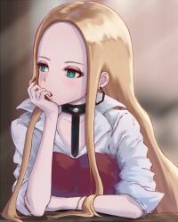 Rule 34 | 1girl, asairosora, blonde hair, blurry, blurry background, blush, breasts, brown background, collarbone, collared shirt, creatures (company), earrings, female focus, finger in own mouth, forehead, game freak, green eyes, half-closed eyes, hand to own mouth, hand up, jewelry, light blush, long hair, looking to the side, nintendo, oleana (pokemon), parted bangs, pokemon, pokemon swsh, shirt, sidelocks, sleeves rolled up, small breasts, solo, upper body, white shirt