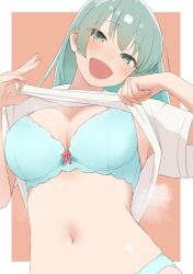 Rule 34 | 1girl, aqua bra, blush, bra, breasts, clothes lift, commentary request, green eyes, green hair, hair between eyes, highres, kantai collection, large breasts, lifting own clothes, long hair, looking at viewer, navel, open mouth, sakieko, shirt, shirt lift, short sleeves, smile, solo, suzuya (kancolle), underwear, upper body, white shirt