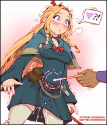 Rule 34 | !?, 1girl, 1other, belt, belt pouch, blue capelet, blue dress, blush, book strap, bow, braid, breasts, brown choker, capelet, choker, commentary, constricted pupils, covered erect nipples, crown braid, crying, crying with eyes open, dress, dungeon meshi, elf, english commentary, female ejaculation, female orgasm, forced orgasm, gaiidraws, grey thighhighs, hair bow, heart, highres, holding, holding wand, hood, hood down, hooded capelet, long hair, magic, marcille donato, medium breasts, orgasm, out of frame, pink eyes, pointy ears, pouch, pussy juice, red bow, sleeves past wrists, snot, solo focus, spoken heart, spontaneous orgasm, taut clothes, taut dress, tears, thighhighs, torogao, very long hair, wand