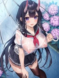 Rule 34 | 1girl, :d, black skirt, black thighhighs, blush, breasts, cleavage, collarbone, commentary request, covered erect nipples, hair ornament, hairclip, holding, holding umbrella, horns, large breasts, long hair, looking at viewer, looking up, miniskirt, oni horns, open mouth, original, outdoors, pleated skirt, purple eyes, purple hair, rain, school uniform, see-through, serafuku, shirt, short sleeves, skirt, smile, solo, thighhighs, thighs, umbrella, wet, wet clothes, white shirt, xe (execut3r)