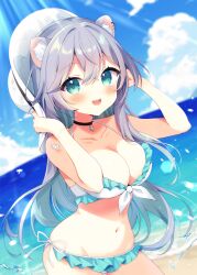 Rule 34 | 1girl, :d, absurdres, animal ear fluff, animal ear piercing, animal ears, aoi yun, aone ioru, aqua bikini, aqua eyes, aqua hair, beach, bikini, black choker, blurry, blurry background, blush, breasts, choker, cleavage, collarbone, colored inner hair, commentary request, commission, contrapposto, cowboy shot, crossed bangs, day, frilled bikini, frills, glint, grey hair, groin, hair between eyes, hamster ears, hamster girl, hands up, hat, highres, holding, holding clothes, holding hat, indie virtual youtuber, jewelry, long hair, looking at viewer, medium breasts, multicolored hair, navel, open mouth, outdoors, pendant choker, second-party source, side-tie bikini bottom, skeb commission, smile, solo, sparkle, standing, sunlight, swimsuit, teeth, unworn hat, unworn headwear, upper teeth only, variant set, virtual youtuber, water, white bikini, white hat
