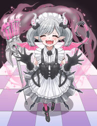 1girl absurdres arianne_the_labrynth_servant black_background black_gloves black_tail candle checkered_floor closed_eyes commentary_request demon_horns demon_tail demon_wings duel_monster full_body gloves grey_hair highres horns maid maid_headdress medium_hair open_mouth pict-pict pink_tail pink_wings pointy_ears simple_background solo striped_tail tail teeth tongue twintails two-tone_tail wings yu-gi-oh!