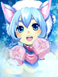 Rule 34 | 1girl, :d, animal ears, baru tantan, blue eyes, blue hair, braid, dog ears, hat, highres, koyomi (shironeko project), lips, matching hair/eyes, mittens, open mouth, shironeko project, smile, snowflakes, solo, twin braids, winter clothes, wolf ears