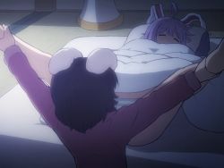 Rule 34 | 2girls, ahoge, animal ears, brown hair, closed eyes, covered mouth, dress, facing another, floppy ears, futon, holding legs, inaba tewi, indoors, legs up, long hair, multiple girls, pajamas, panties, pillow, pink dress, purple hair, rabbit ears, reisen udongein inaba, shirosato, short hair, sleeping, striped clothes, striped panties, tatami, touhou, under covers, underwear