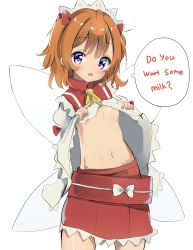 Rule 34 | 1girl, fairy, headdress, looking at viewer, open mouth, orange hair, red ribbon, red skirt, ribbon, skirt, solo, sunny milk, touhou, translated, upper body, white background, wings