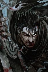 Rule 34 | 1boy, ammunition belt, armor, bandages, belt, berserk, black armor, black hair, blood, blood on face, clenched teeth, cuts, dragonslayer (sword), fangs, guts (berserk), holding, holding sword, holding weapon, huge weapon, hungry clicker, injury, one-eyed, pointy ears, scar, scarf, sword, teeth, veins, weapon, white eyes