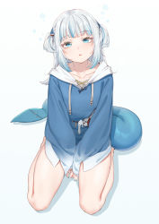 Rule 34 | 1girl, between legs, blue eyes, blue hoodie, blue nails, collarbone, drawstring, fangxiang cuoluan, fins, fish tail, gawr gura, gawr gura (1st costume), gradient clothes, highres, hololive, hololive english, hood, hoodie, long hair, long sleeves, looking at viewer, multicolored hair, nail polish, parted lips, shark tail, simple background, sitting, solo, streaked hair, tail, thighs, two side up, v arms, virtual youtuber, white background, white hair