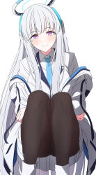 Rule 34 | 1girl, arimon (dfrgty12), black pantyhose, blazer, blue archive, blush, grey hair, halo, head tilt, highres, jacket, jacket partially removed, looking at viewer, multicolored clothes, multicolored jacket, noa (blue archive), pantyhose, pleated skirt, purple eyes, simple background, skirt, smile, solo, squatting, two-tone jacket, white background, white jacket, white skirt
