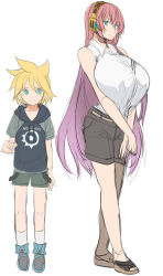 Rule 34 | 1boy, 1girl, age difference, blonde hair, blue eyes, breasts, bursting breasts, child, headphones, headset, height difference, hood, hoodie, huge breasts, kagamine len, kloah, long hair, megurine luka, pink hair, short hair, shorts, sketch, v arms, vocaloid