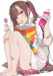 Rule 34 | 1girl, bag of chips, bandaid, bandaid on leg, bottle, brown hair, candy, chips (food), colored inner hair, daluto (hitomi555), ear piercing, food, food in mouth, highres, holding, holding bottle, holding candy, holding food, holding lollipop, lollipop, looking at viewer, multicolored hair, original, piercing, pink eyes, pink hair, plastic bottle, pocky, potato chips, shirt, short sleeves, simple background, sitting, solo, sweat, twintails, white background, white shirt