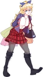 Rule 34 | 1girl, alternate costume, arms behind back, bag, black footwear, blonde hair, blue eyes, blue ribbon, boots, commentary, english commentary, full body, hair ribbon, katawa shoujo, knee boots, leaning forward, light smile, long hair, looking at viewer, pantyhose, paper bag, plaid, plaid skirt, ponytail, ribbon, rtil, satou lilly, shirt, shoulder bag, simple background, skirt, solo, wavy hair, white background, white shirt