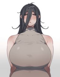 Rule 34 | 1girl, absurdres, ahoge, arms behind back, artist name, bare shoulders, black hair, blurry, blush, breasts, collarbone, covered collarbone, depth of field, eyebrows hidden by hair, grey eyes, hair between eyes, half-closed eyes, highres, huge filesize, large breasts, long hair, looking at viewer, mole, mole under mouth, muroku (aimichiyo0526), open mouth, original, shadow, sidelocks, simple background, sleeveless, solo, taut clothes, twitter username, upper body, white background