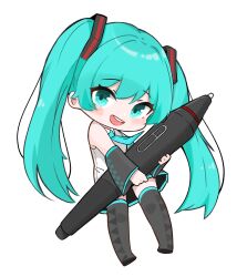 Rule 34 | 1girl, aqua eyes, aqua hair, aqua necktie, black footwear, blush, boots, chibi, detached sleeves, full body, hair ornament, hatsune miku, highres, hugging object, long hair, looking at viewer, necktie, open mouth, oversized object, pen, shirt, simple background, sleeveless, sleeveless shirt, solo, teeth, thigh boots, thighhighs, twintails, upper teeth only, vocaloid, white background, yangfan, zettai ryouiki