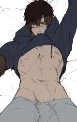 Rule 34 | 1boy, abs, absurdres, biting, biting clothes, brown eyes, brown hair, clothes lift, facial hair, gregor (project moon), highres, hood, hoodie, limbus company, male focus, nipples, ouc, pants, project moon, shirt lift, solo, stubble, sweatpants, torso, upper body