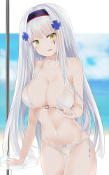 Rule 34 | 1girl, absurdres, alternate costume, bare shoulders, beach, bikini, blue sky, blunt bangs, blurry, blurry background, blush, bow, bow bikini, breasts, choker, cleavage, cloud, collarbone, cowboy shot, day, facial mark, girls&#039; frontline, green eyes, groin, hair ornament, hairband, hand on table, heart, heart-shaped pupils, highres, hk416 (girls&#039; frontline), large breasts, leaning, long hair, looking at viewer, navel, o-ring, o-ring top, ocean, open mouth, outdoors, ru zhai, sand, side-tie bikini bottom, silver hair, skindentation, sky, solo, stomach, swimsuit, symbol-shaped pupils, teardrop, thighs, very long hair, white bikini