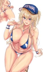 Rule 34 | 1girl, ass, back, bare shoulders, baseball cap, bikini, blonde hair, blue bikini, blue eyes, blue headwear, blush, breasts, cleavage, collarbone, hat, highres, iowa (kancolle), jewelry, kantai collection, large breasts, long hair, looking at viewer, mickey dunn, multiple views, navel, navel piercing, necklace, open mouth, piercing, smile, strap pull, swimsuit, thighs, tongue piercing, wet, white background