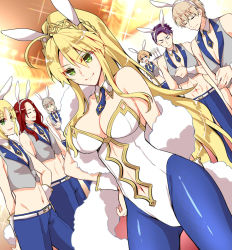 Rule 34 | 3girls, 4boys, abs, ahoge, animal ears, artoria pendragon (all), artoria pendragon (fate), artoria pendragon (swimsuit ruler) (fate), asazuki norito, bare shoulders, bedivere (fate), belt, blonde hair, blue eyes, blue neckwear, blue pants, blue pantyhose, braid, breasts, champagne flute, cleavage, closed eyes, closed mouth, clothing cutout, collarbone, cup, detached collar, drinking glass, fake animal ears, fate/apocrypha, fate/extra, fate/grand order, fate (series), french braid, gareth (fate), gawain (fate), green eyes, grey vest, hair between eyes, hairband, highres, knights of the round table (fate), lancelot (fate/grand order), large breasts, leotard, long hair, looking at viewer, male playboy bunny, midriff, mordred (fate), mordred (fate/apocrypha), multiple boys, multiple girls, navel, navel cutout, necktie, open mouth, pants, pantyhose, playboy bunny, purple hair, rabbit ears, red hair, short hair, sidelocks, silver hair, smile, sparkle, spiked hair, thighs, tiara, tristan (fate), vest, white leotard, wrist cuffs