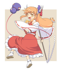 Rule 34 | 1girl, ascot, blonde hair, commentary request, cosplay, detached sleeves, gohei, gourd, hakurei reimu, hakurei reimu (cosplay), haniwa (leaf garden), highres, horn ornament, horn ribbon, horns, ibuki suika, long hair, looking at viewer, low ponytail, nontraditional miko, open mouth, ribbon, sandals, shide, skirt, smile, solo, tabi, touhou, wide sleeves, yellow eyes