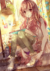 Rule 34 | 1girl, :&lt;, absurdres, art brush, bare shoulders, brown hair, hair ornament, hairclip, highres, long hair, looking at viewer, mouth hold, notebook, nozomi fuuten, original, paintbrush, pink hair, red eyes, revision, shoes, sitting, sitting on stairs, sneakers, solo, stairs, striped clothes, striped thighhighs, sunlight, thighhighs, tying, vertical-striped clothes, vertical-striped thighhighs