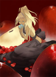 Rule 34 | 1girl, apple, backless dress, backless outfit, black dress, blonde hair, blue eyes, bow, chachie, dark skin, dark-skinned female, dress, eating, food, fruit, long hair, nail polish, open mouth, original, raspberry, red background, sitting, solo, strawberry, yellow nails