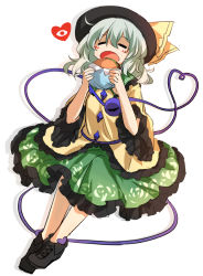 Rule 34 | 1girl, eating, closed eyes, floral print, food, burger, hat, heart, komeiji koishi, long sleeves, open mouth, shirt, silver hair, sindre, skirt, solo, third eye, touhou, wide sleeves