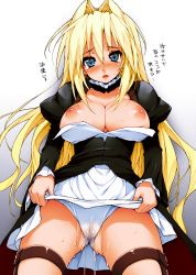 Rule 34 | 00s, 1girl, blonde hair, blue eyes, blush, breasts, clothes lift, colorized, ishikei, large breasts, long hair, nipples, panties, pussy juice, see-through, sekirei, skirt, skirt lift, solo, tears, thigh strap, translation request, tsukiumi, underwear, upskirt, very long hair, wet, wet clothes, wet panties
