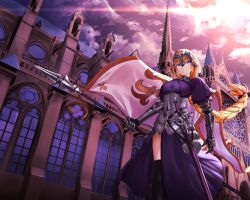 Rule 34 | 1girl, armor, armored dress, blonde hair, blue eyes, braid, breasts, building, capelet, chain, city, cityscape, cloud, dusk, fate/apocrypha, fate/grand order, fate (series), faulds, flag, from below, gauntlets, headpiece, highres, holding, holding flag, jeanne d&#039;arc (fate), jeanne d&#039;arc (ruler) (fate), large breasts, long braid, long hair, oekakizuki, outdoors, plackart, scenery, sheath, sheathed, single braid, sky, solo, standard bearer, sunset, thighhighs, thighs