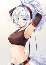 Rule 34 | 1girl, akashio (loli ace), armpits, arms behind head, arms up, blue eyes, blush, breasts, brown gloves, commentary request, crop top, elbow gloves, from side, gloves, hairband, highres, horns, kirin (armor), large breasts, long hair, looking at viewer, midriff, monster hunter, monster hunter: world, monster hunter (series), navel, ponytail, sidelocks, simple background, single horn, smile, solo, standing, stomach, tank top, upper body, white hair