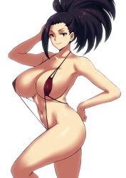 Rule 34 | 10s, 1girl, akihoyy, areola slip, artist request, black eyes, black hair, boku no hero academia, breasts, curvy, hand on own hip, highres, huge breasts, navel, ponytail, slingshot swimsuit, smile, solo, swimsuit, thick thighs, thighs, white background, yaoyorozu momo