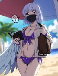 Rule 34 | 1girl, ?, anime coloring, bag, beach, bikini, bird wings, blue sky, blurry, blurry background, breasts, cleavage, cowboy shot, grey jacket, gyouza (mhea5724), highres, jacket, kishin sagume, mask, medium breasts, mouth mask, open clothes, open jacket, outdoors, palm tree, purple bikini, red eyes, short hair, shoulder bag, single wing, sky, solo, speech bubble, swimsuit, touhou, tree, white hair, wings