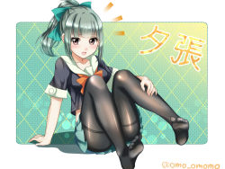 Rule 34 | 1girl, argyle, argyle background, argyle clothes, arm support, bad id, bad pixiv id, black pantyhose, bow, bowtie, breasts, character name, commentary request, feet, fine fabric emphasis, furrowed brow, green background, green skirt, green theme, kantai collection, leaning back, legs, legs up, looking at viewer, miniskirt, no shoes, omoomomo, orange bow, orange bowtie, pantyhose, pleated skirt, school uniform, serafuku, short sleeves, sitting, skirt, soles, solo, thighband pantyhose, toes, translation request, yuubari (kancolle)