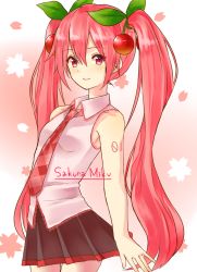 Rule 34 | 1girl, alternate color, alternate eye color, alternate hair color, bad id, bad pixiv id, bare shoulders, character name, cherry, food, fruit, hatsune miku, long hair, necktie, red eyes, red hair, sakura miku, skirt, sleeveless, smile, solo, twintails, very long hair, vocaloid