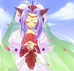 Rule 34 | 1girl, agarte lindblum, animal ears, blue hair, cat ears, cloud, crown, day, dress, earrings, closed eyes, flower, food, fruit, gown, grapes, own hands clasped, jewelry, mio (rominuato), own hands together, petals, princess, puffy sleeves, red flower, red rose, rose, short hair, sidelocks, sky, smile, solo, tales of (series), tales of rebirth, tiara, veil