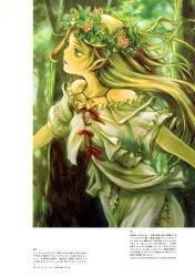 Rule 34 | 1girl, 2002, abe yoshitoshi, absurdres, bare shoulders, blonde hair, blue eyes, company name, copyright notice, dress, elf, flower, forest, green eyes, head wreath, highres, long hair, nature, neck ribbon, non-web source, original, parted lips, pink flower, pointy ears, ribbon, rose, solo, translation request, tree