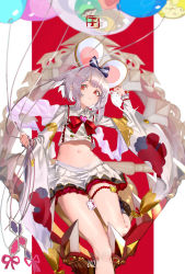 Rule 34 | 1girl, 2020, absurdres, animal, animal ears, balloon, blurry, bow, bowtie, brooch, collared shirt, crop top, crop top overhang, granblue fantasy, hair ornament, hairband, hairclip, heart, heart brooch, highres, holding, jewelry, kumonji aruto, leg up, loafers, long sleeves, looking at viewer, midriff, miniskirt, mouse (animal), mouse ears, navel, parted lips, pleated skirt, red eyes, shirt, shoes, short hair, silver hair, skirt, socks, solo, thigh strap, thighs, vikala (granblue fantasy), white shirt, white skirt, wide sleeves