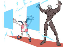 Rule 34 | 1boy, abs, absurdres, barefoot, blue eyes, creatures (company), crossover, dark-skinned male, dark skin, energy barrier, fighting stance, forehead jewel, full body, game freak, gen 1 pokemon, grin, highres, makai, mr. mime, muscular, nintendo, open mouth, outstretched arms, pokemon, pokemon (creature), simple background, sketch, smile, street fighter, street fighter iii (series), topless male, trait connection, urien, white background, white hair