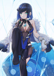 Rule 34 | 1girl, asymmetrical gloves, bare shoulders, black gloves, black hair, black pantyhose, blue dress, blue hair, blush, bracelet, breasts, cleavage, closed mouth, dress, ear piercing, feet, fingerless gloves, genshin impact, gloves, green eyes, highres, holding dice, jewelry, lim (ramu), looking at viewer, medium breasts, medium hair, mismatched gloves, mole, mole on breast, multicolored hair, neck tattoo, no shoes, pantyhose, piercing, single fingerless glove, sitting, smile, solo, tattoo, two-tone hair, vision (genshin impact), white gloves, yelan (genshin impact)