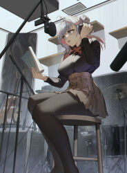 Rule 34 | 1girl, absurdres, ahoge, black pantyhose, black shirt, bow, breasts, brown skirt, commentary, commission, copyright request, danzir, drum, drum set, english commentary, feet out of frame, grey eyes, grey hair, guitar, hair bun, hand up, headphones, high-waist skirt, highres, holding, indoors, instrument, long hair, medium breasts, multicolored hair, pantyhose, pink hair, pixiv commission, pleated skirt, red bow, shirt, sitting, skirt, solo, stool, teeth, two-tone hair, upper teeth only, virtual youtuber