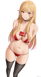 Rule 34 | 1girl, absurdres, bare shoulders, bikini, black thighhighs, blonde hair, blush, breasts, cleavage, collarbone, earrings, highres, jewelry, kitagawa marin, large breasts, long hair, looking at viewer, navel, paid reward available, red bikini, red eyes, smile, solo, sono bisque doll wa koi wo suru, swept bangs, swimsuit, thighhighs, thighs, zaphn